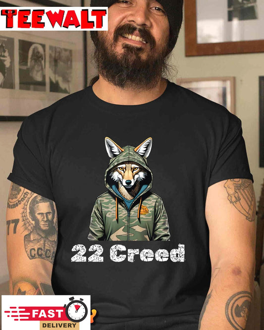 Coyote in Hood 22 Creed Graphic Hunting Design T-Shirt