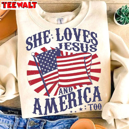 She Loves Jesus And America Too Inspirational Shirt, 4th Of July Long Sleeve Tee Tops