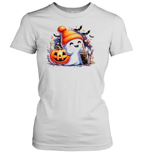 Cute Ghost Drinking Coffee Spice Halloween Ghost Ice Coffee T-Shirt