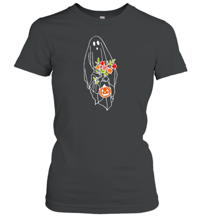 Halloween Ghost Holding Flowers Pumpkin T-Shirt