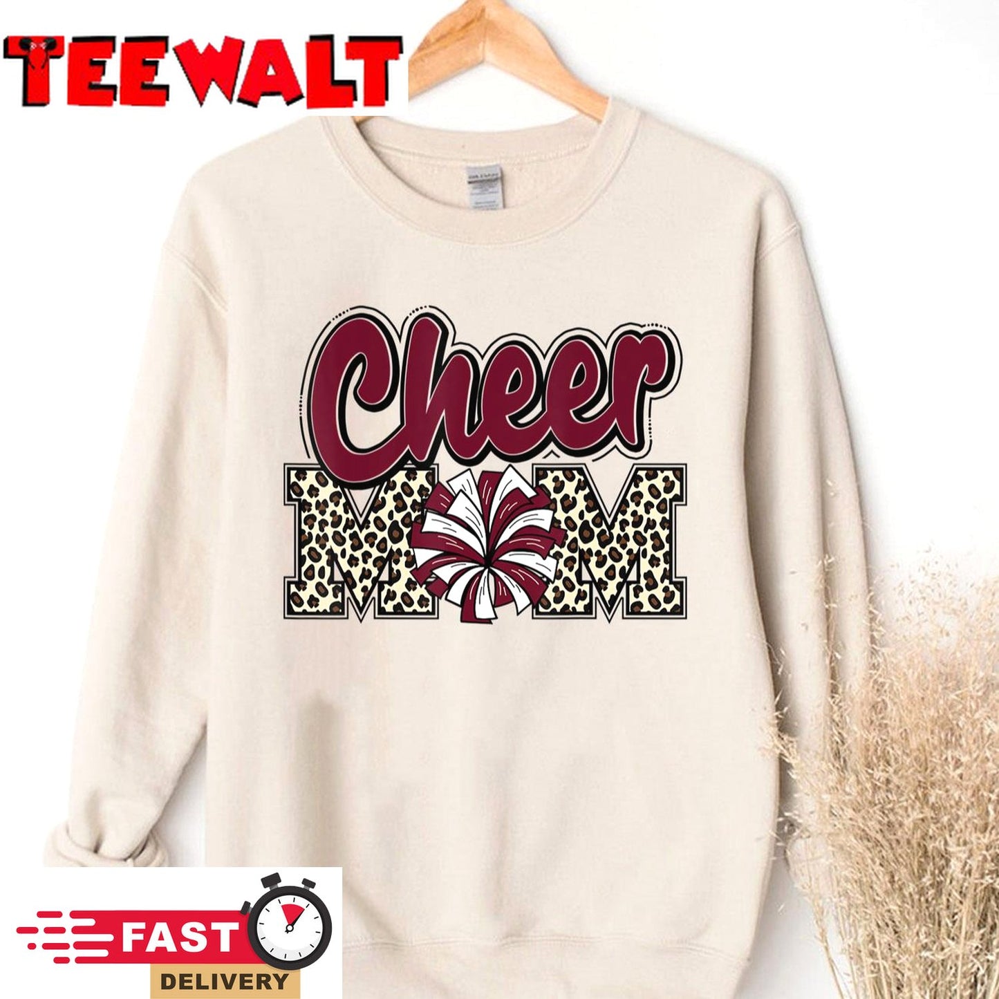 Cheer Mom Maroon Leopard Letters Cheer Pom Poms T-Shirt