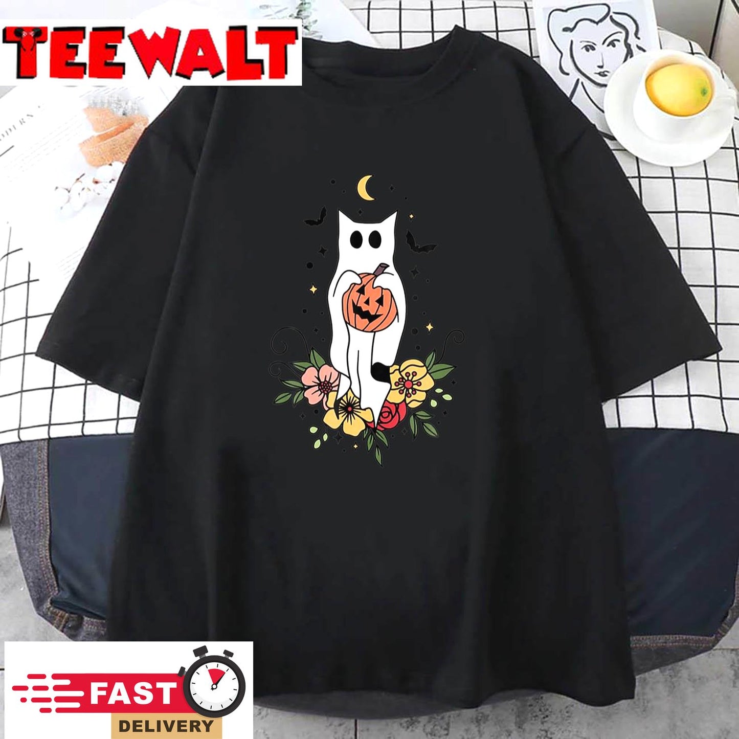 Halloween Ghost Cat Scary Pumpkin Floral Cat Lover T-Shirt