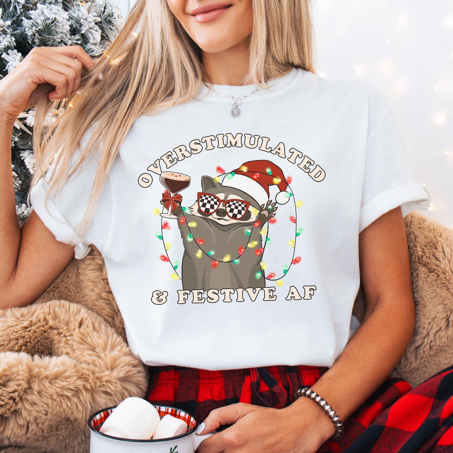 Overstimulated Festive Af Raccoon Christmas Shirt Plus Size