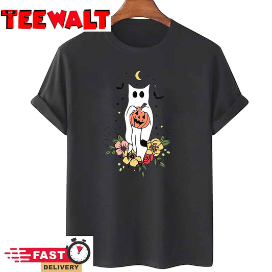 Halloween Ghost Cat Scary Pumpkin Floral Cat Lover T-Shirt