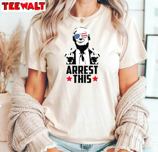 New Rare Arrest This Shirt, Middle Fingers Blazin Usa Funny T Shirt Crewneck