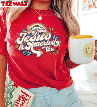 Awesome 4th Of July Sweatshirt , Creative She Loves Jesus And America Too