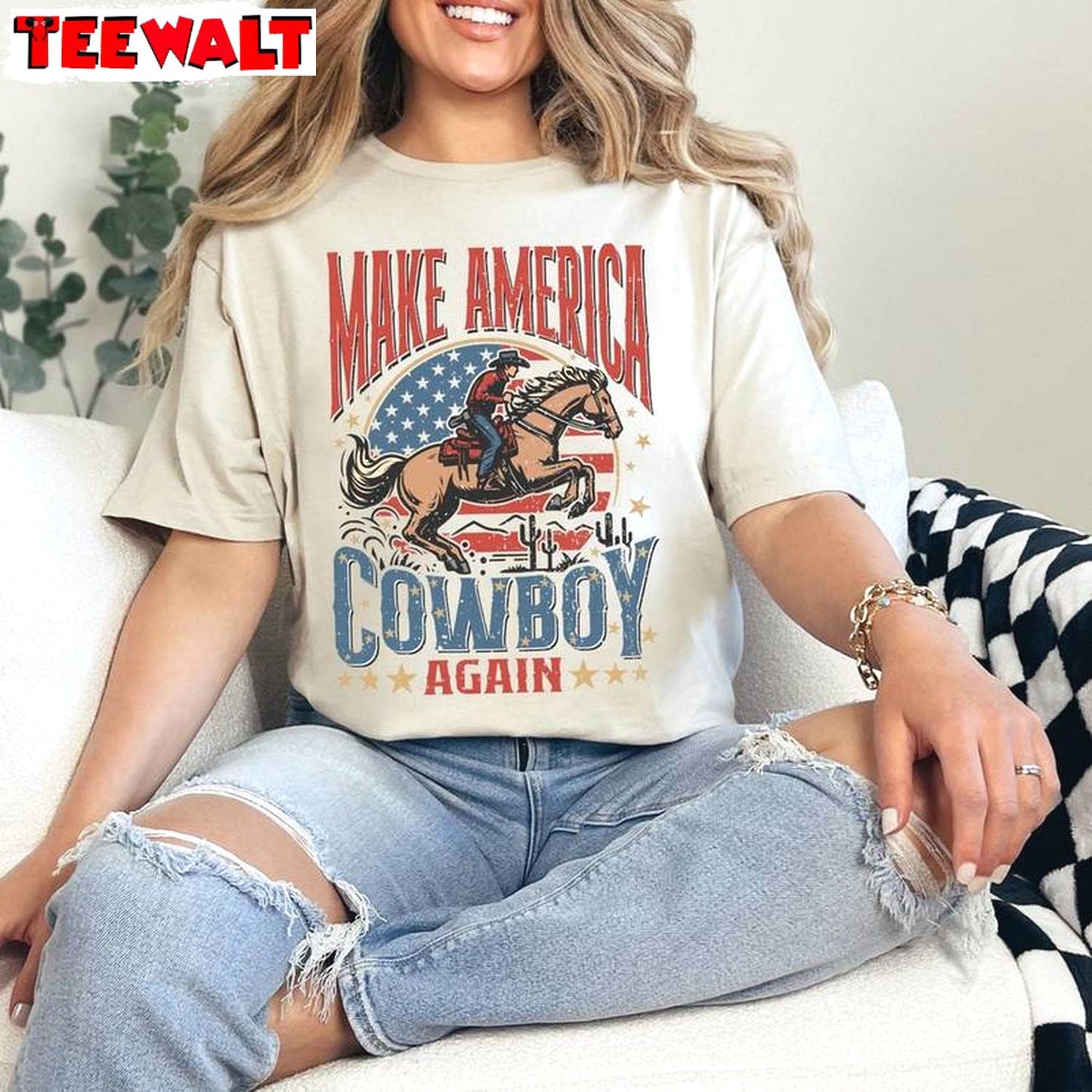 Awesome 4th Of July Rodeo Unisex Hoodie, Trendy Make America Cowboy Again Shirt Long Sleeve