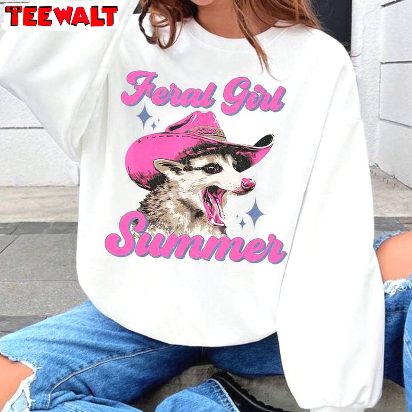 Feral Girl Summer Must Have Shirt, Funny Possum Crewneck Long Sleeve