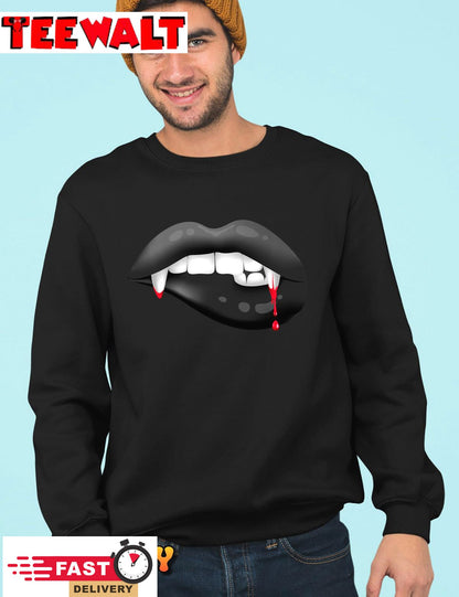 Sexy Vampire Fangs Black Lips for men and women Halloween Pullover Hoodie