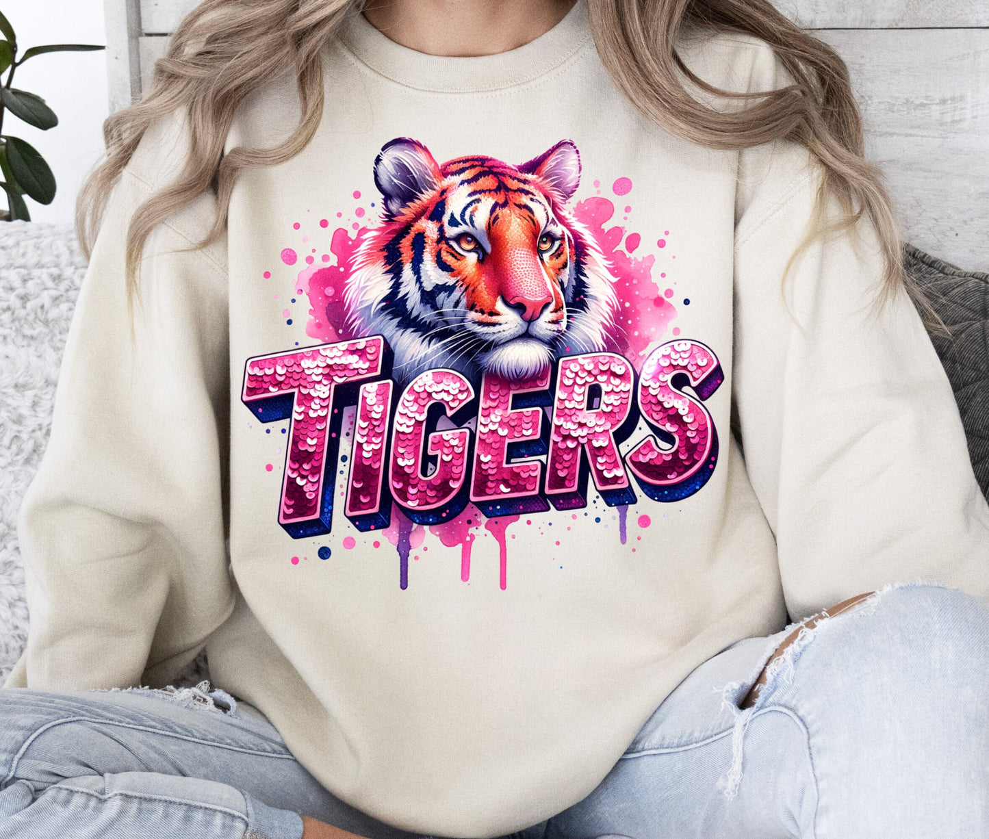 Pink Sequin Tiger Mascot Design T-Shirt For Football Season