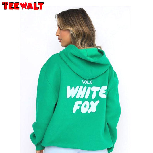 Trendy White Fox Hoodie, Awesome Long Sleeve Hoodie