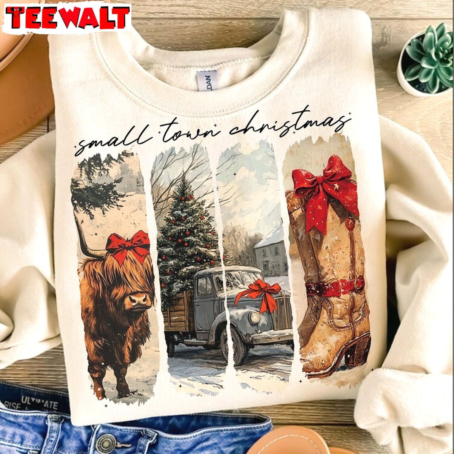 Vintage Small Town Christmas Shirt, Cowgirl Highland Tee