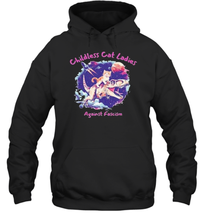 Cat Riding A Dinosaur Childless Cat Ladies Against Fascism Kamala Harris 2024 Female President T-Shirt