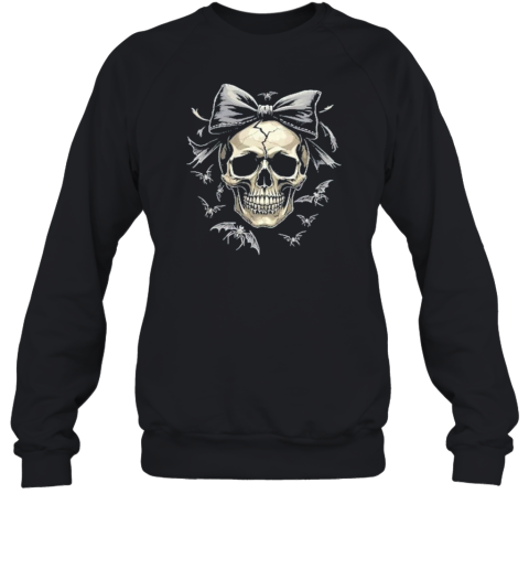 Coquette Skull With Bow And Bats Spooky Halloween T-Shirt