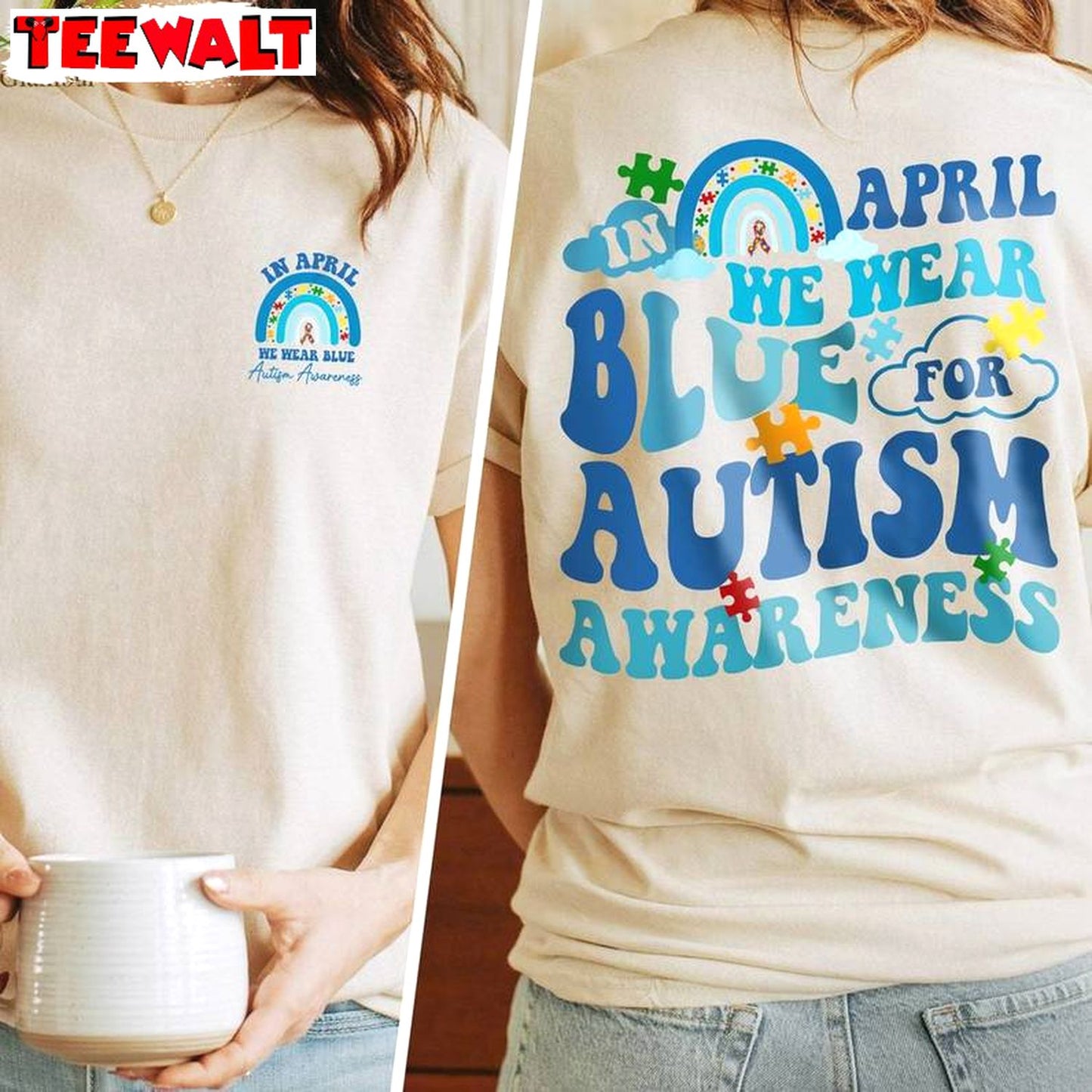 In April We Wear Blue For Autism Awareness Shirt, Colorful Short Sleeve T-shirt