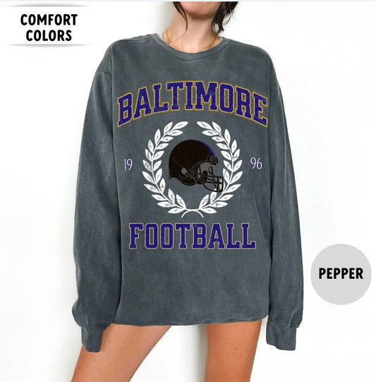 Comfort Colors Baltimore Football Sweatshirt, Vintage Raven Football Crewneck