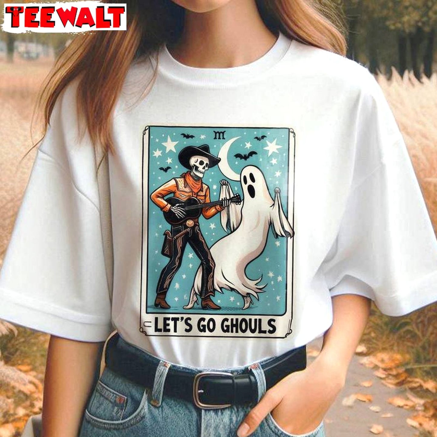 Comfort Cowboy Skeleton Dancing With Ghost Sweatshirt , Vintage Lets Go Ghouls Shirt Sweater