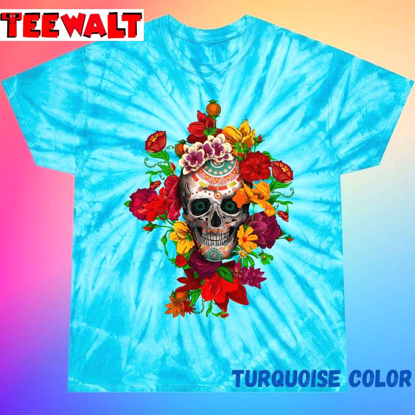 Day Of The Dead Sugar Skull With Flower Unisex Tie Dye Tee