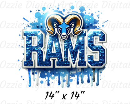 Rams Mascot Sport Game Day T-Shirt Design With Blue Sequins