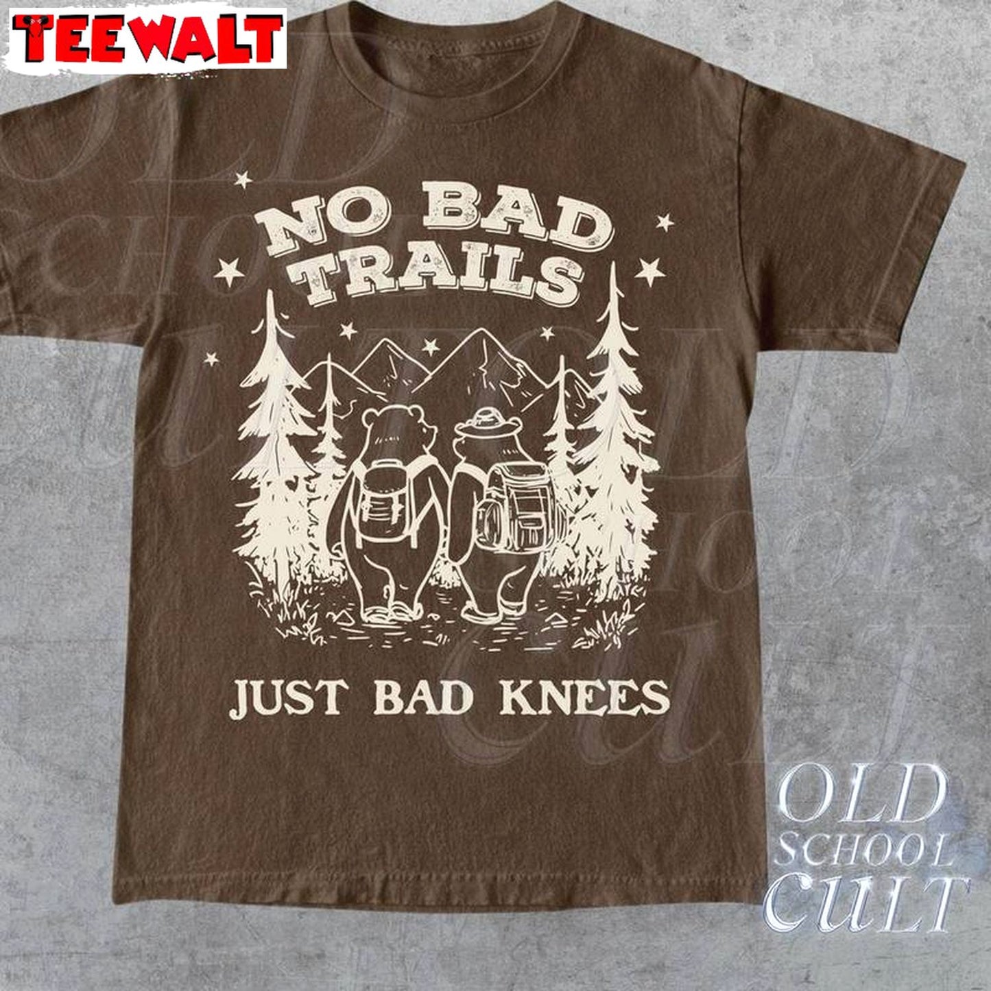 Cute Bears Hiking Vintage T Shirt, Groovy No Bad Trails Just Bad Knees Shirt Long Sleeve