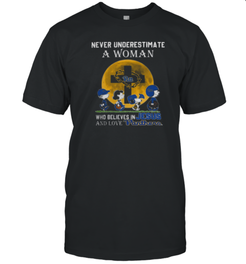 Peanuts Characters Never Underestimate A Woman Who Believes In Jesus And Loves Pitt Panthers T-Shirt - Style 2