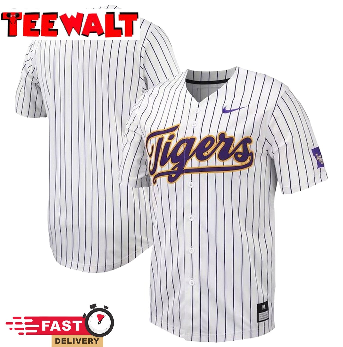 White Purple LSU Tigers Pinstripe Replica Full-Button Baseball Jersey