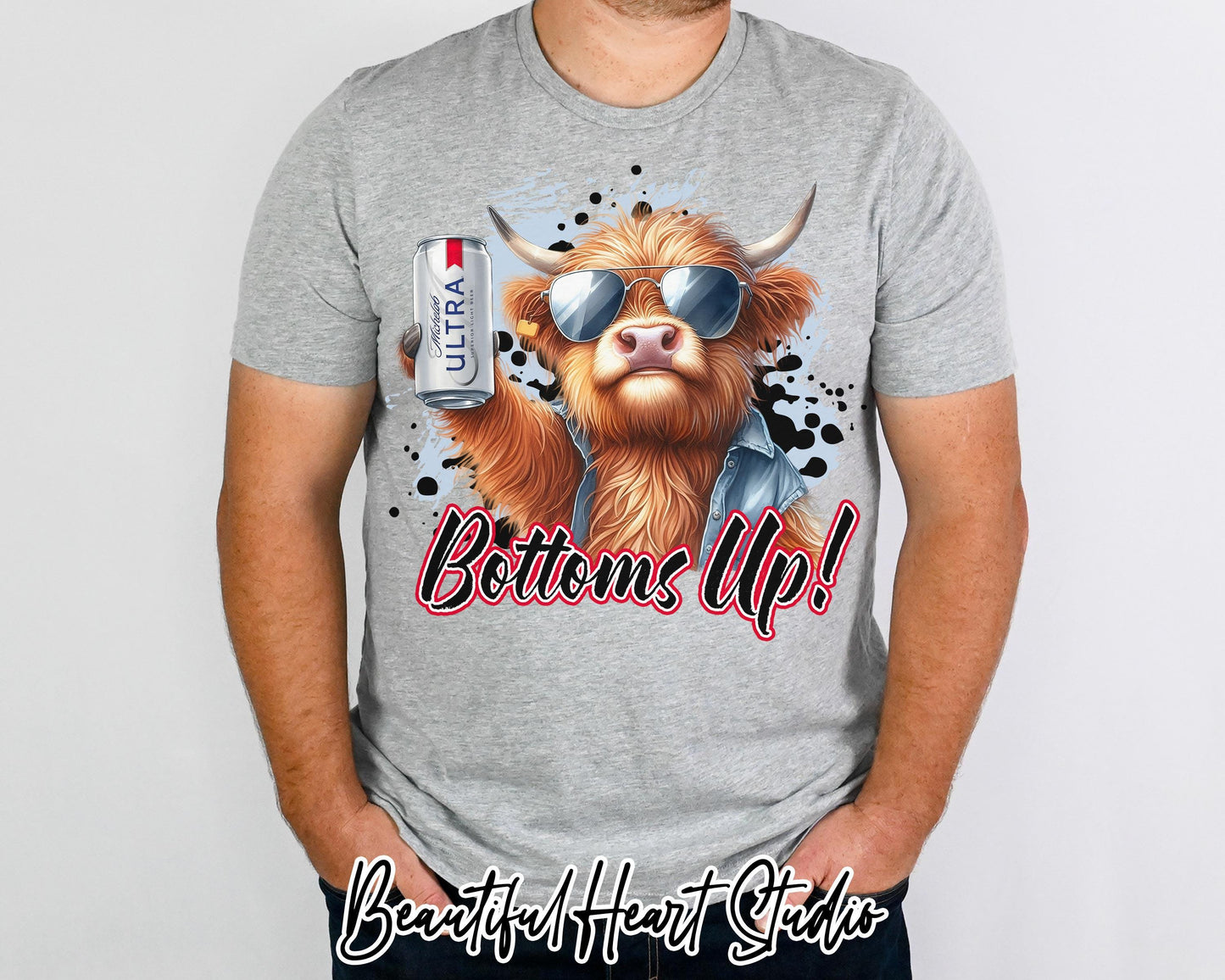 Bottoms Up Ultra Beer Highland Cow Shirt