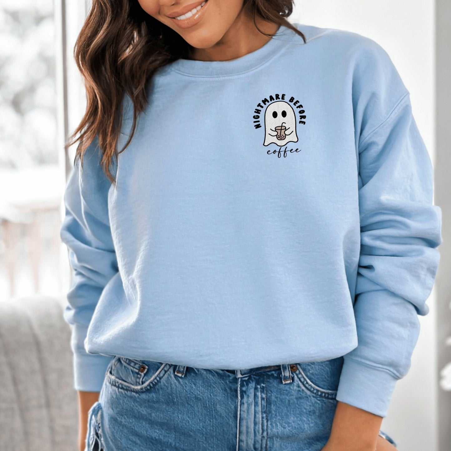 Iced Coffee Embroidered Ghost Sweatshirt - Perfect Halloween Gift