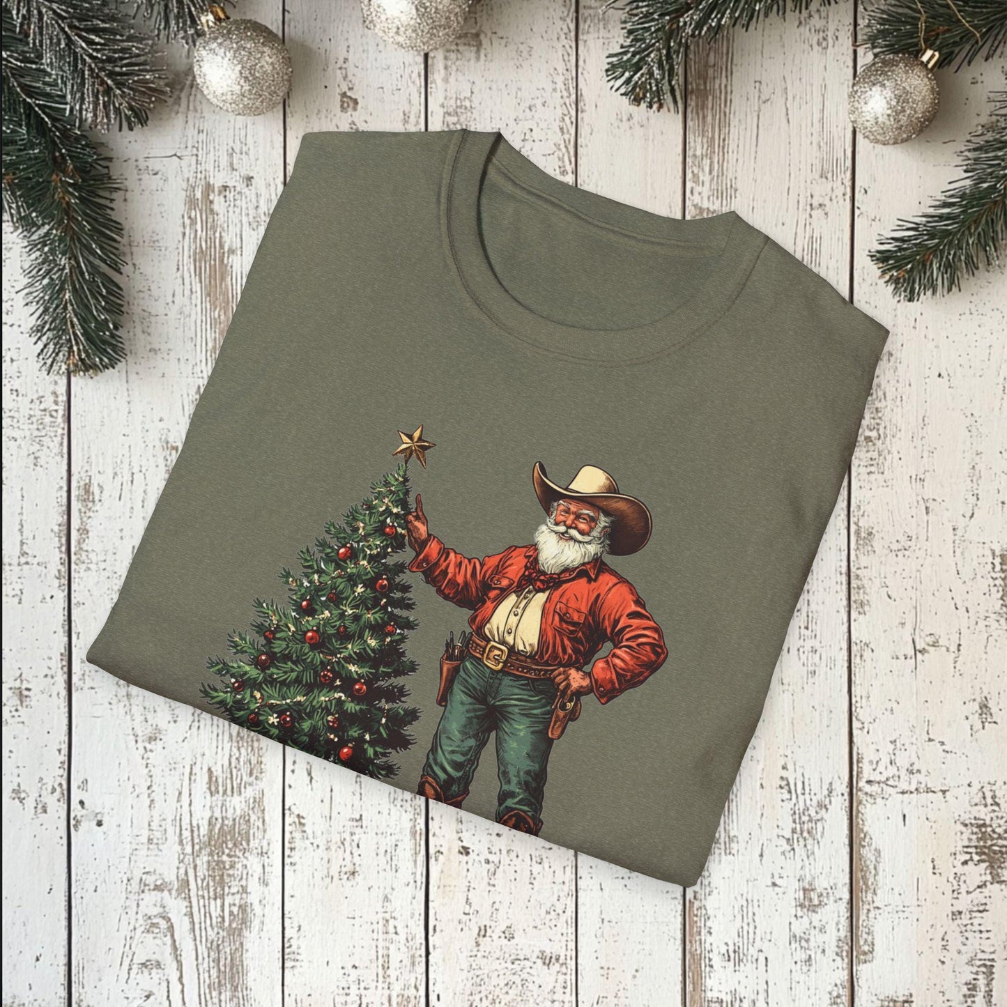 Vintage Santa Cowboy Tee, Xmas Party Shirt With Tree