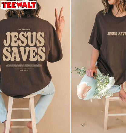 Jesus Saves Inspired Trendy Shirt, Creative Christian Apparel Brown Long Sleeve