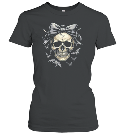 Coquette Skull With Bow And Bats Spooky Halloween T-Shirt