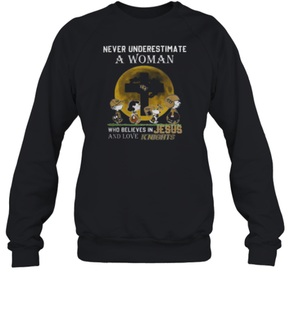 Peanuts Characters Never Underestimate A Woman Who Believes In Jesus And Loves UCF Knights T-Shirt