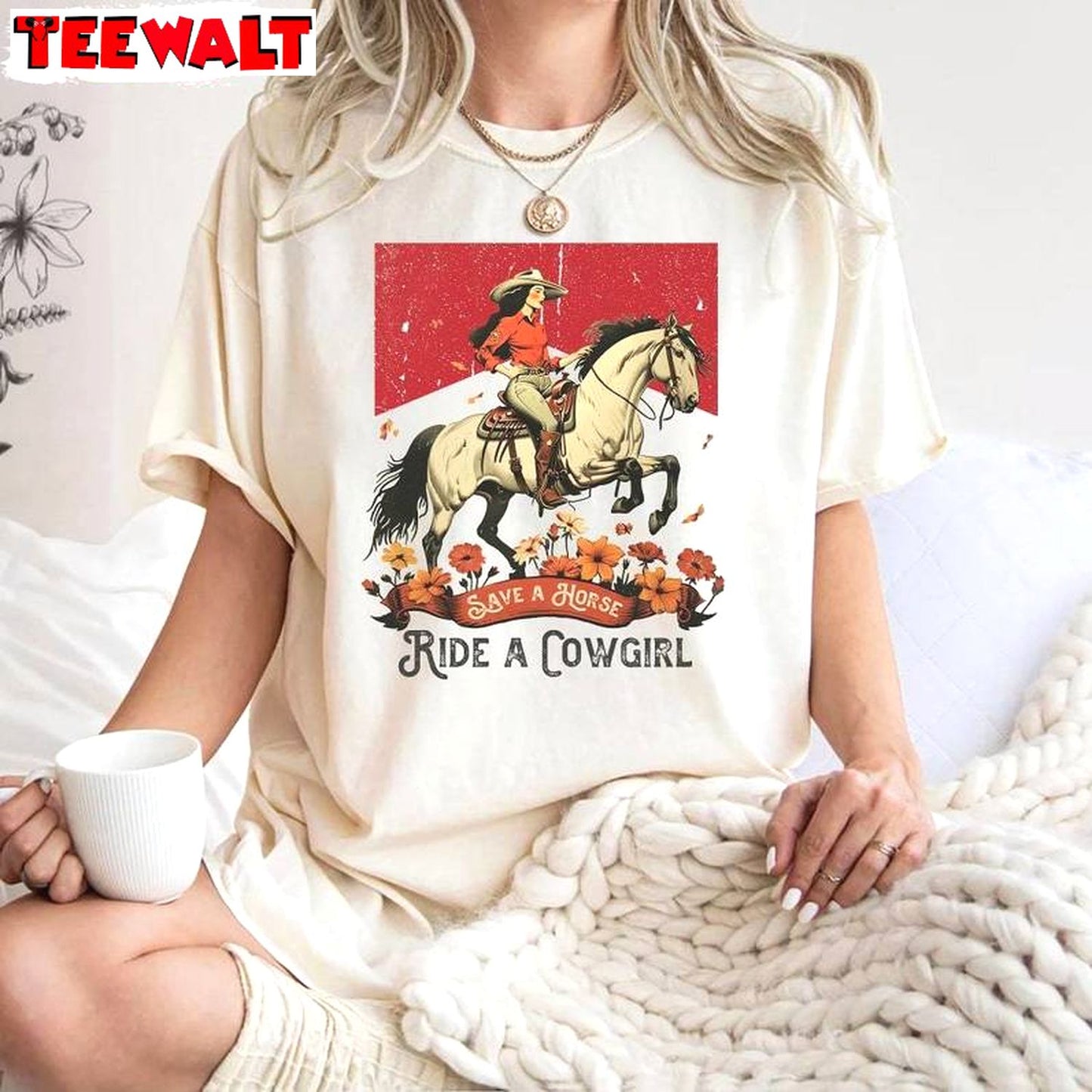 Funny Save A Horse Ride A Cowgirl Shirt, Trendy Crewneck Long Sleeve For Women