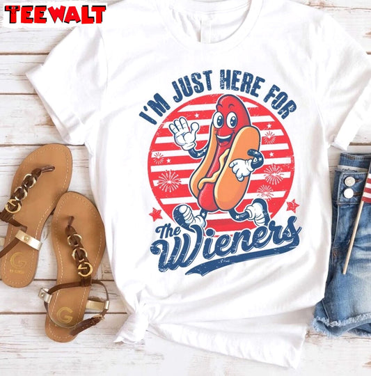 Creative Just Here For The Wieners Shirt, Groovy 4th Of July Short Sleeve Crewneck