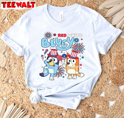 Funny Bluey 4th Of July Short Sleeve , New Rare Red White And Bluey Shirt Crewneck