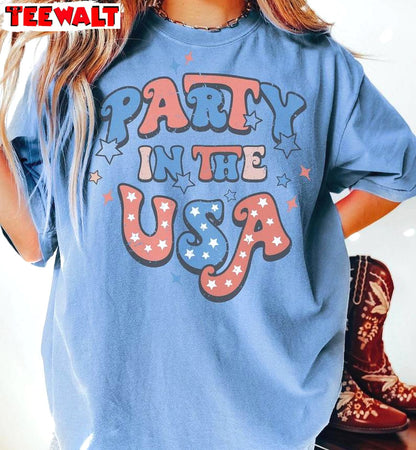 Cool Design Party In The Usa Shirt, Trendy 4th Of July Crewneck Long Sleeve