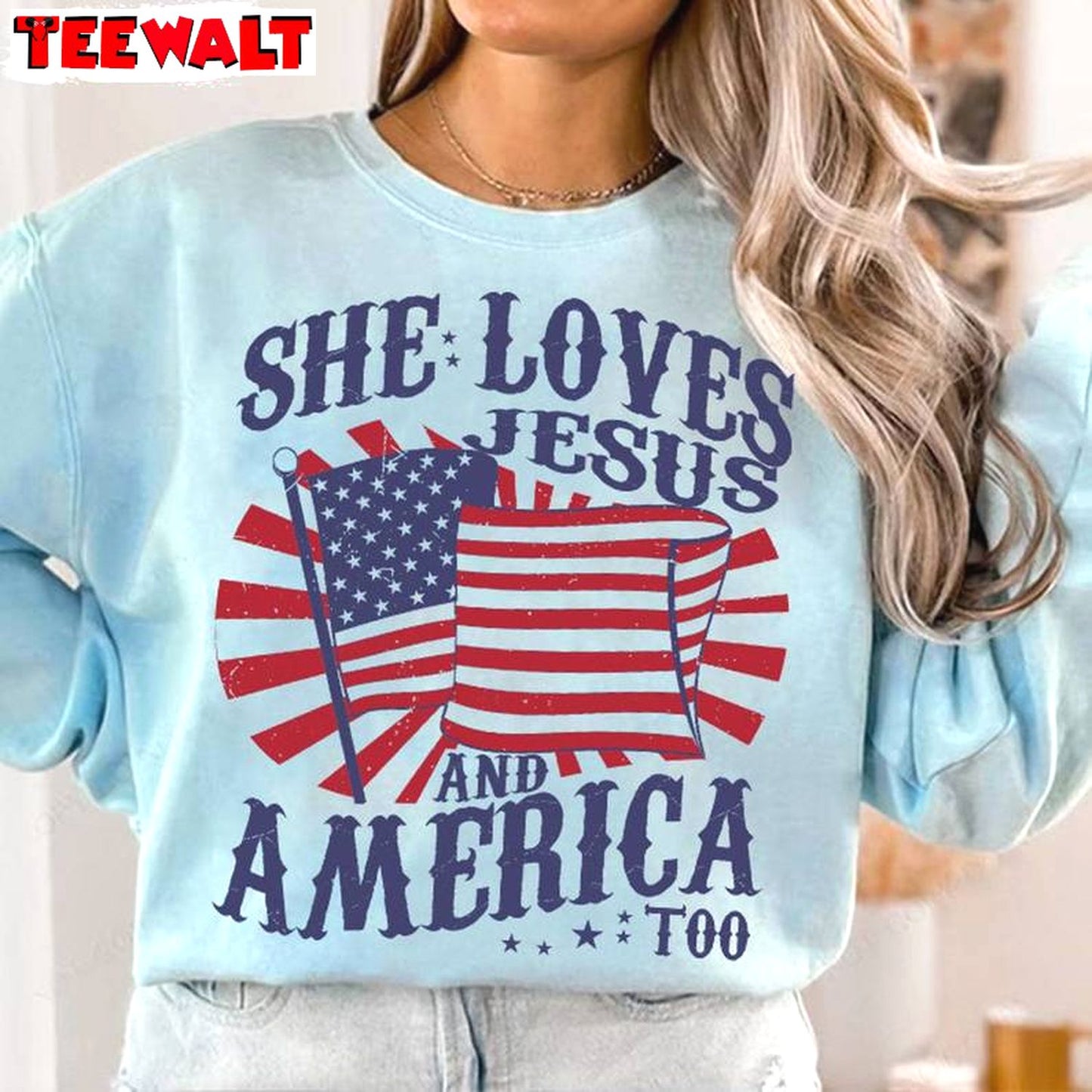 She Loves Jesus And America Too Inspirational Shirt, 4th Of July Long Sleeve Tee Tops