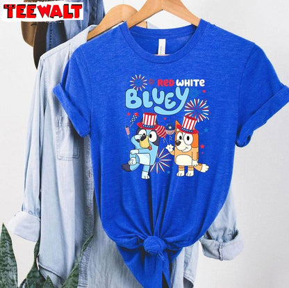 Funny Bluey 4th Of July Short Sleeve , New Rare Red White And Bluey Shirt Crewneck