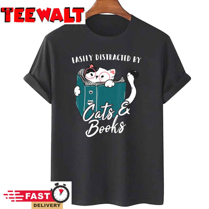 Easily Distracted By Cats And Books Funny Cat Lover Gift T-Shirt