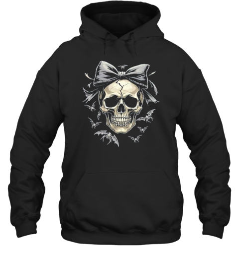 Coquette Skull With Bow And Bats Spooky Halloween T-Shirt