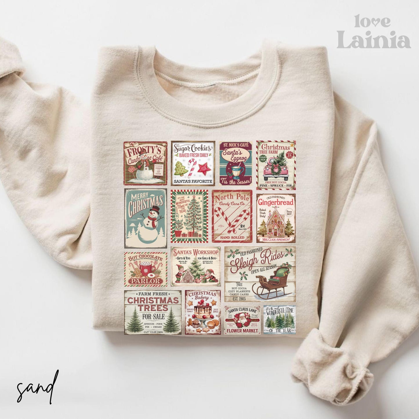 Vintage Christmas Sweatshirt, Santa Claus Tree & Stamps