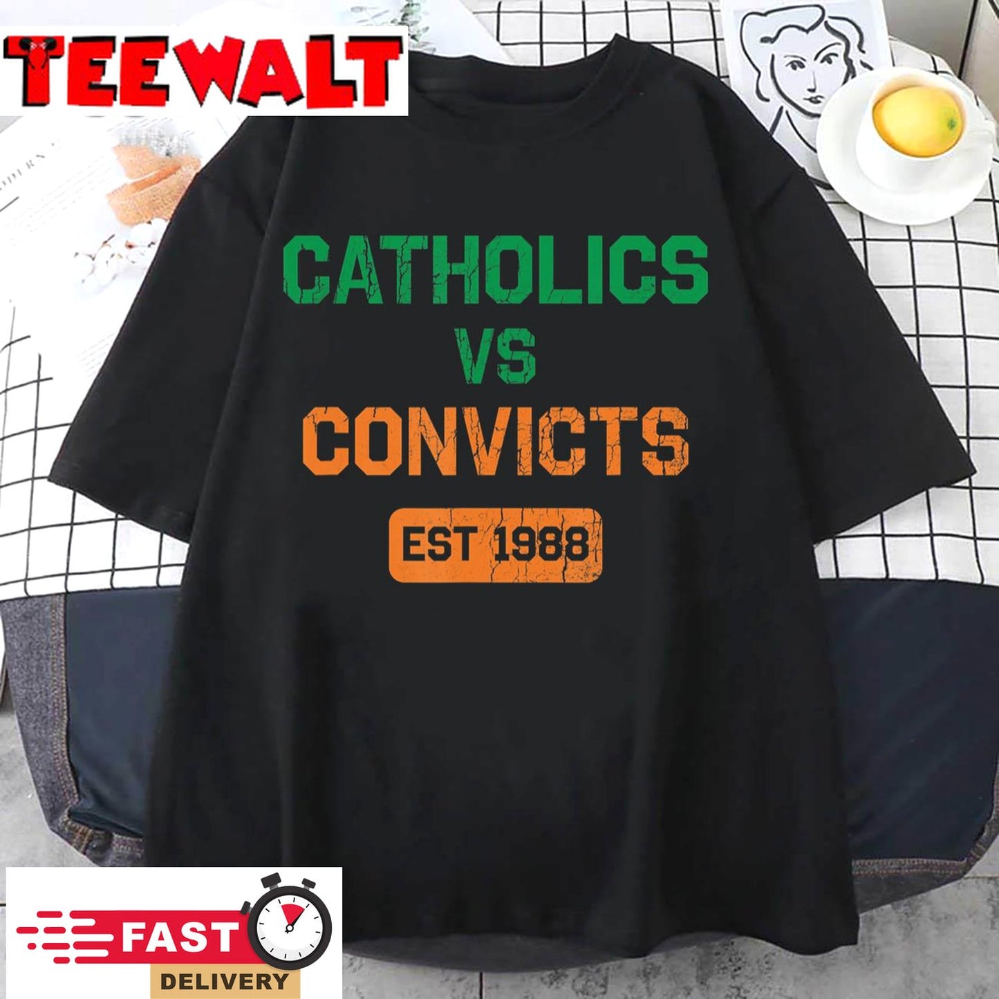 Catholics Vs Convicts 1988 Retro Vintage Distressed T-Shirt