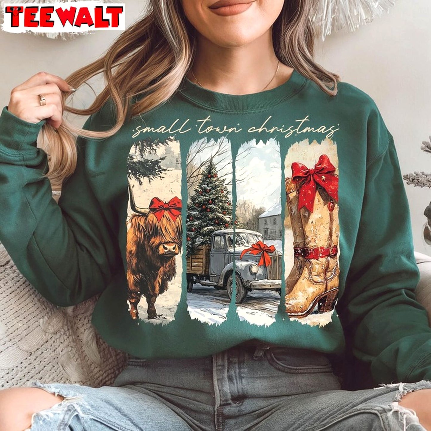 Vintage Small Town Christmas Shirt, Cowgirl Highland Tee