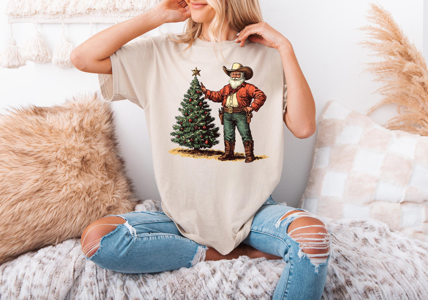 Vintage Santa Cowboy Tee, Xmas Party Shirt With Tree