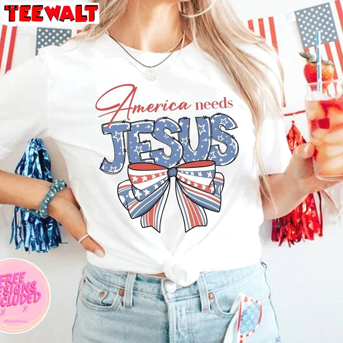 Coquette 4th Of July Sweatshirt , Comfort America Needs Jesus Shirt Long Sleeve