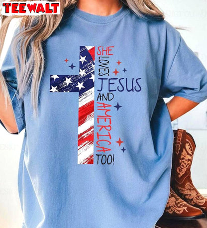 Cool Design Christian Unisex Hoodie, Must Have She Loves Jesus And America Too