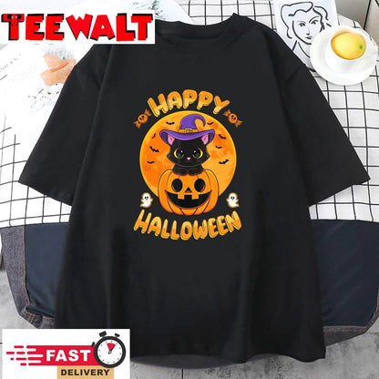 Halloween Black Cat Witch Hat Pumpkin For Kids Girls Boys T-Shirt