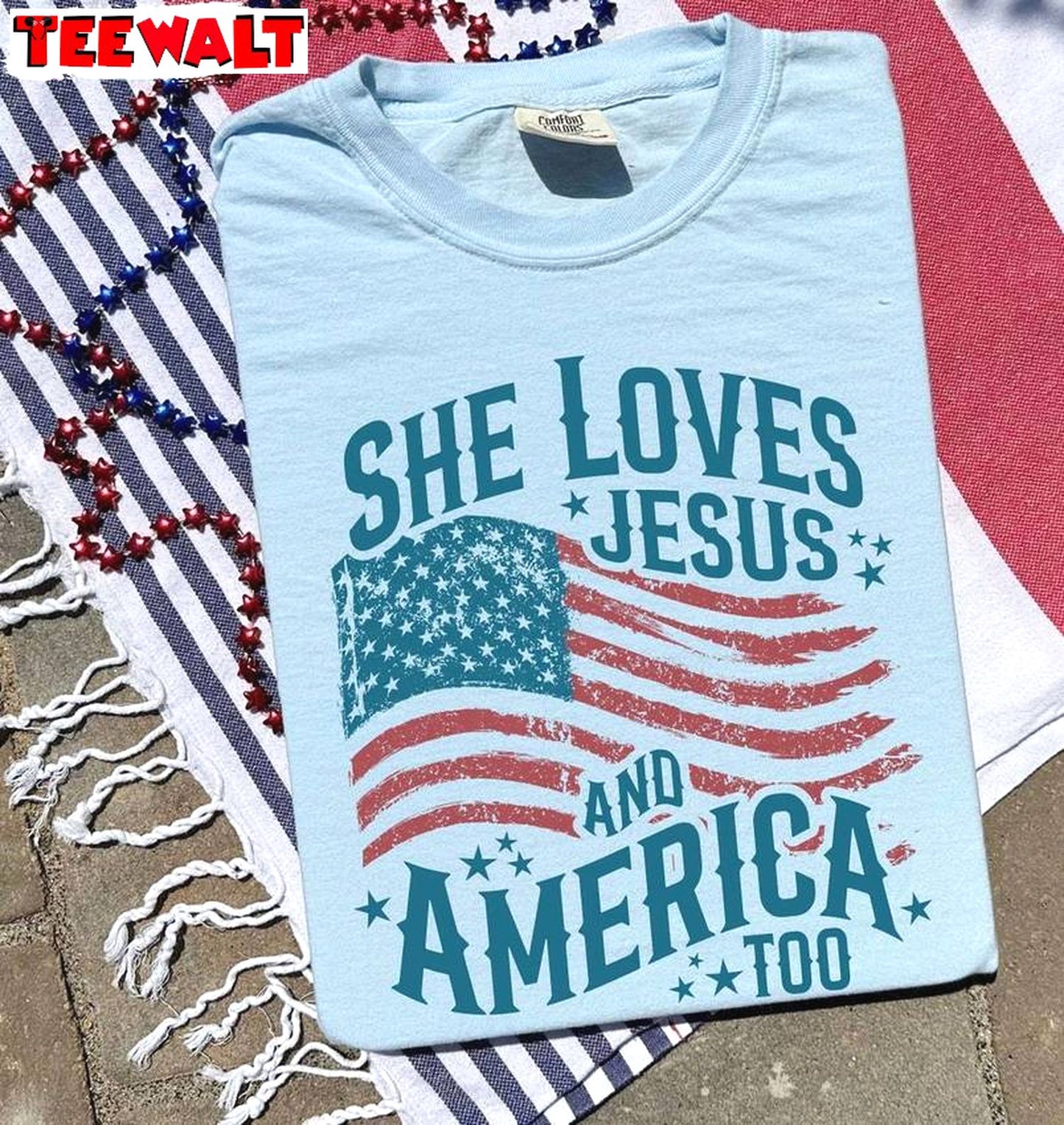 Comfort She Loves Jesus And America Too Shirt, Independence Short Sleeve Crewneck