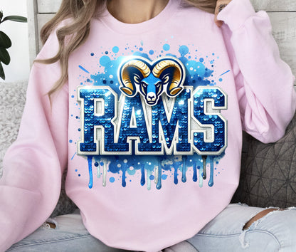 Rams Mascot Sport Game Day T-Shirt Design With Blue Sequins