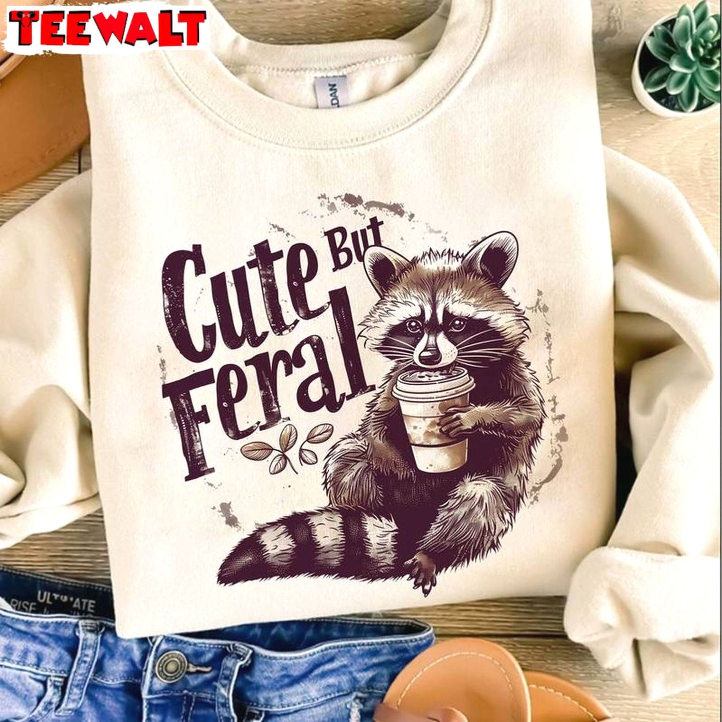 Cool Design Feral Girl Summer Shirt, Funny Raccoon Crewneck Long Sleeve